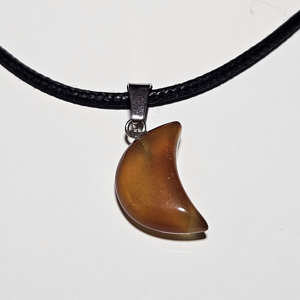 Brown Semiprecious Crescent Moon Pendant Black Cord Necklace 24-26"